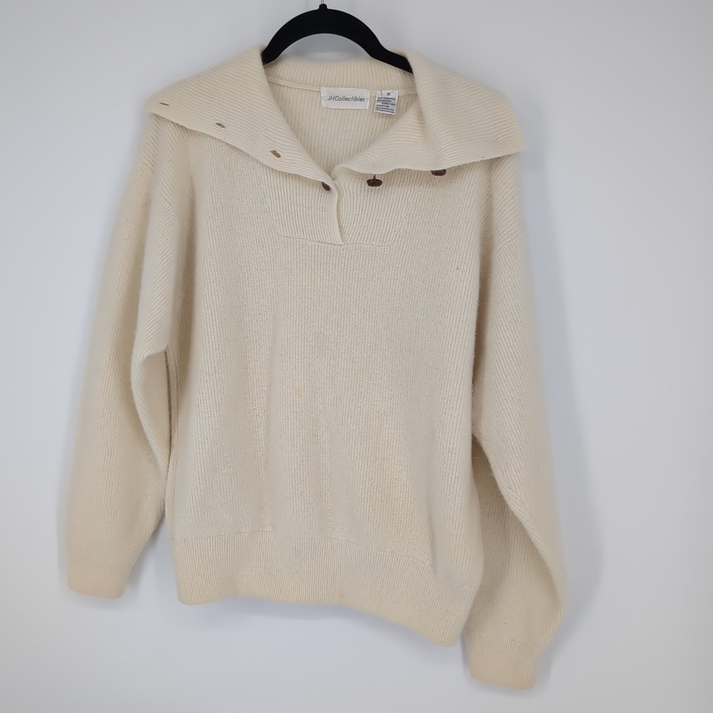 JH Collectibles Vintage Cream Lambswool Angora Knit Button Collar Sweater M